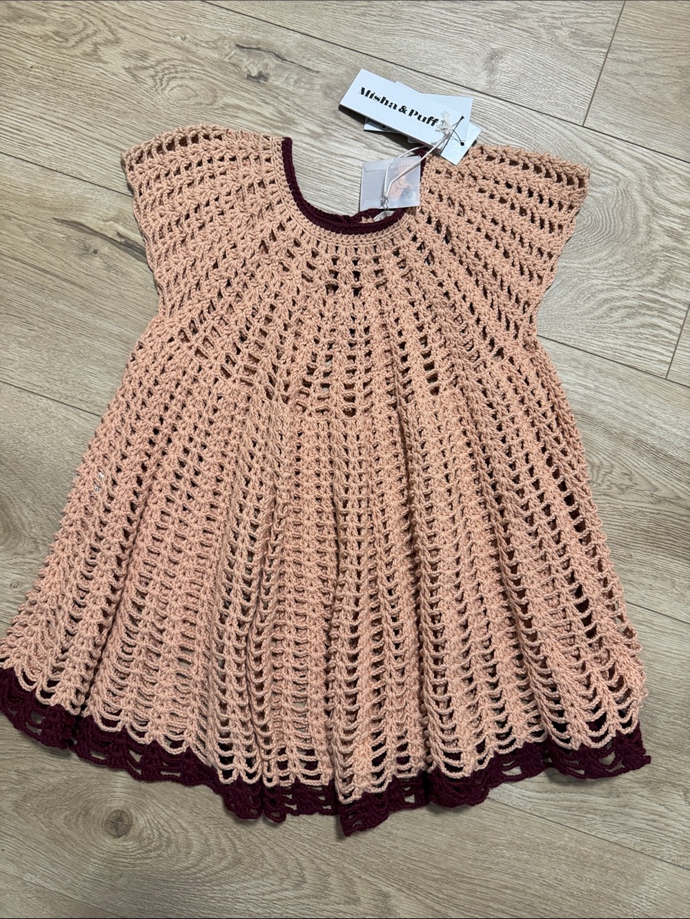 Misha And Puff Peach Crochet Dress with Burgundy Trim SIZE 4/5year